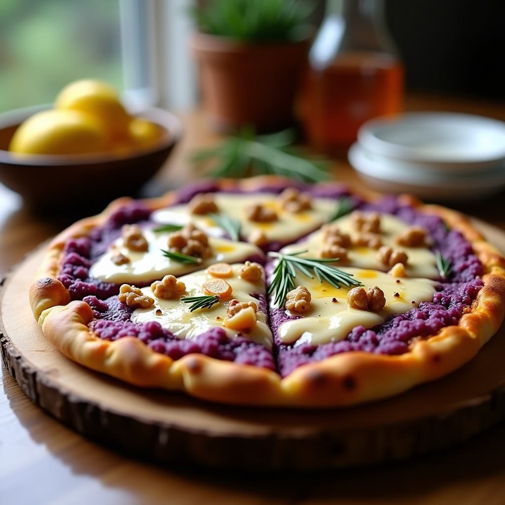 Pizza gourmet sin gluten con base morada vibrante de coliflor, trozos de gorgonzola cremoso derritiéndose, almendras y nueces tostadas, y un hilo dorado de miel de romero brillando bajo la luz. Decorada con hojas de romero fresco sobre un fondo rústico de madera.