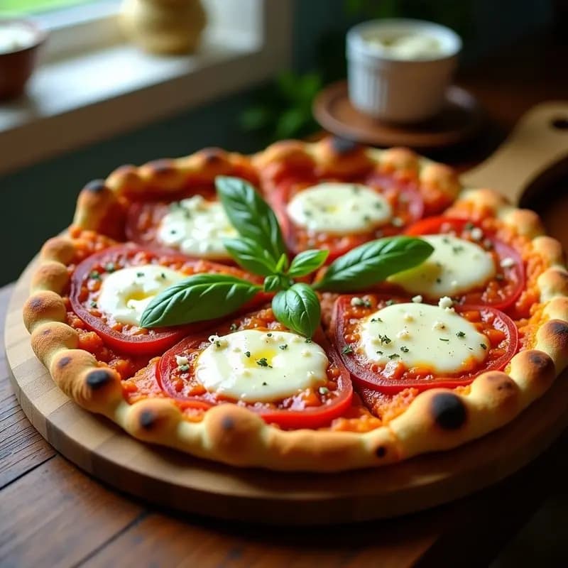 Pizza Margherita low-carb con base dorada de coliflor, salsa de tomate casera, mozzarella de búfala derretida y hojas de albahaca fresca, servida en tabla de madera rústica.