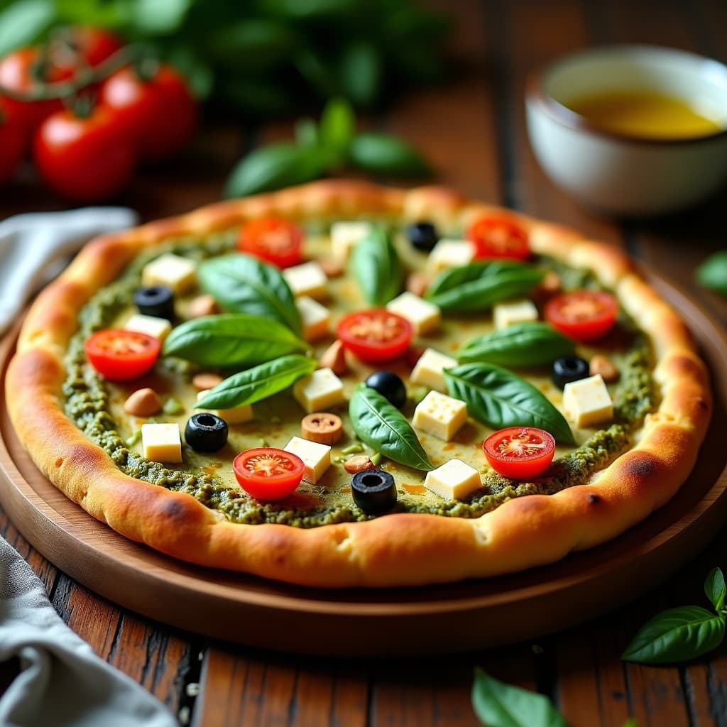 Pizza de coliflor dorada y crujiente en airfryer, con base de color beige claro, cubierta de pesto verde de albahaca, trozos cremosos de queso de anacardos, tomates cherry rojos y aceitunas negras, decorada con hojas de albahaca fresca y un hilo de aceite de oliva.