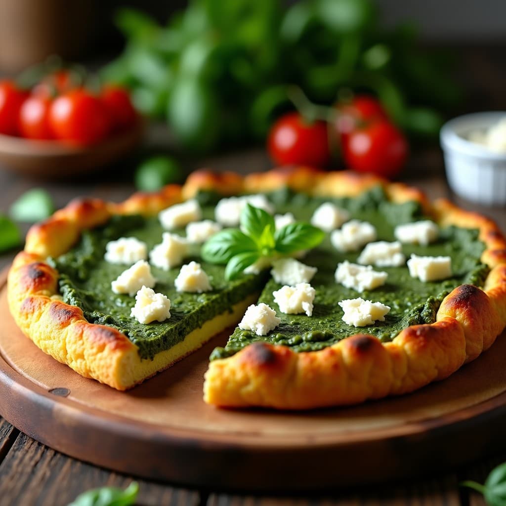 Pizza de coliflor keto y sin gluten con base dorada y crujiente, cubierta de pesto de espinacas verde intenso y queso de cabra desmenuzado blanco. Servida sobre tabla de madera rústica con hojas de espinaca fresca de decoración.