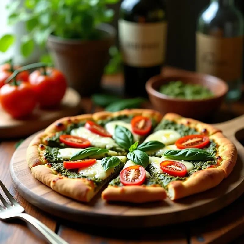 Pizza de coliflor dorada y crujiente con una capa vibrante de pesto de espinacas verde, tomates secos rojizos y queso mozzarella fundido. Decorada con hojas de albahaca fresca y un hilo de aceite de oliva sobre fondo rústico de madera.
