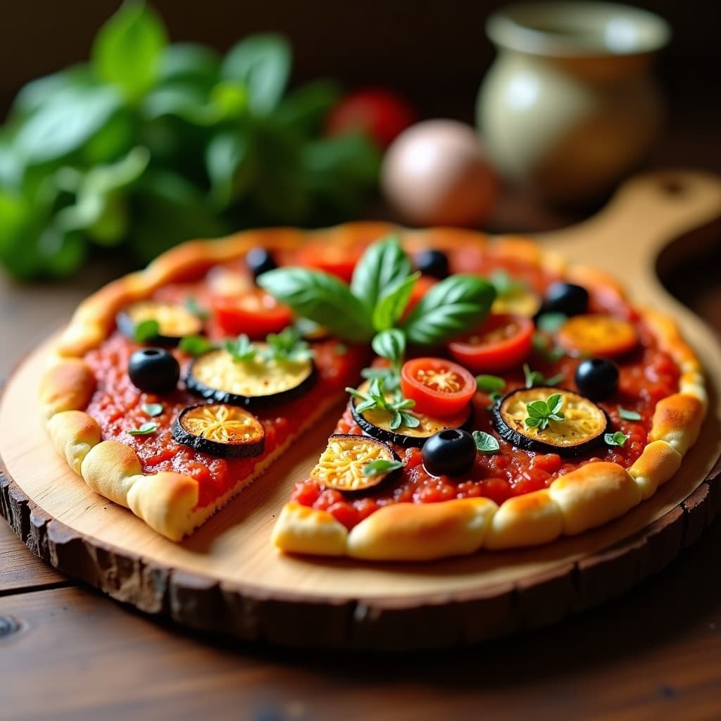 Pizza crudivegana de coliflor con base dorada y crujiente, cubierta de pesto rojo vibrante de pimiento asado, berenjena y calabacín deshidratados, tomates cherry y aceitunas. Plato colorido y lleno de texturas sobre fondo rústico de madera.