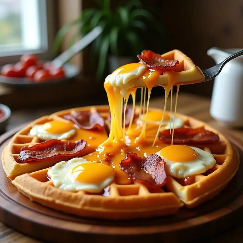 Pizza de desayuno con base de gofres dorados, cubiertos de huevos revueltos cremosos, tocino crujiente, cebolla morada y queso fundido gratinado, receta para amanecer con energía.