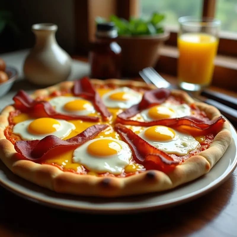 Pizza de desayuno recién horneada con base dorada, cubierta de queso fundido, huevos fritos con yema líquida, bacon crujiente y salsa holandaise cremosa. Plato ideal para un brunch hipercalórico.