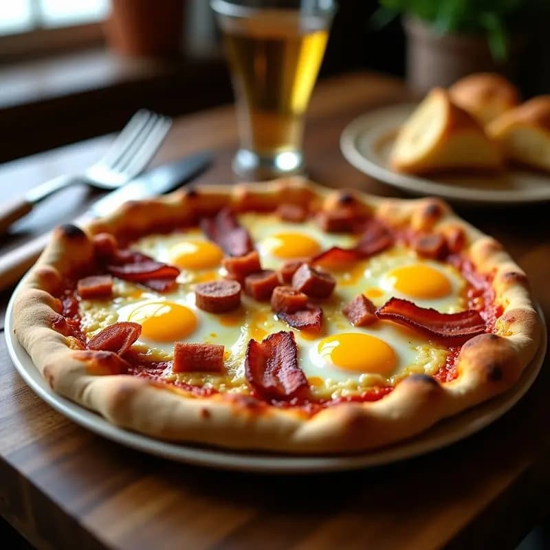 Pizza de Desayuno con Huevos Revuelvos, Tocino, Salchicha y Queso Cheddar: Despierta con Sabor