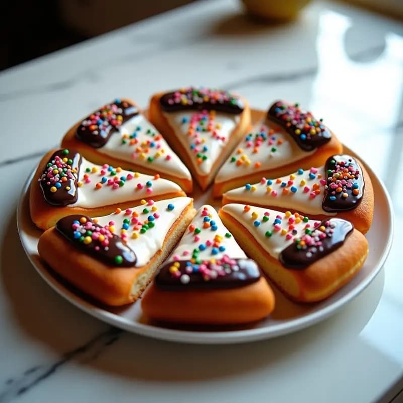 Pizza de donut glaseado con cobertura blanca de vainilla, salsa de chocolate negra brillante y sprinkles de colores, cortada en porciones sobre una bandeja blanca.
