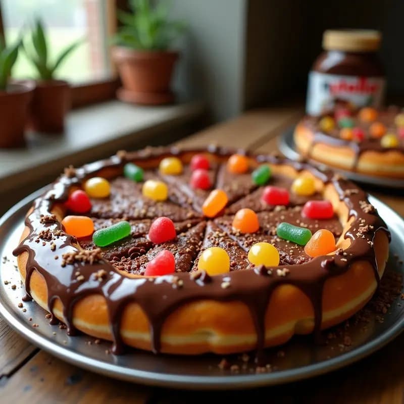 Pizza dulce en formato redondo con base de donuts glaseados unidos, cubiertos de una capa brillante de Nutella y crema de avellana fundida, decorada con gominolas de colores y virutas de chocolate. Postre extremo ideal para compartir.