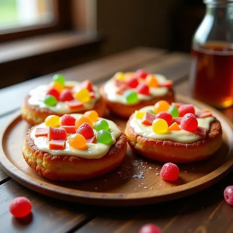 Pizza de donuts glaseados horneados con queso mozzarella fundido, jamón york y toppings de gominolas de colores brillantes, servida en bandeja rústica. Receta de desayuno indulgente y dulce-salado.