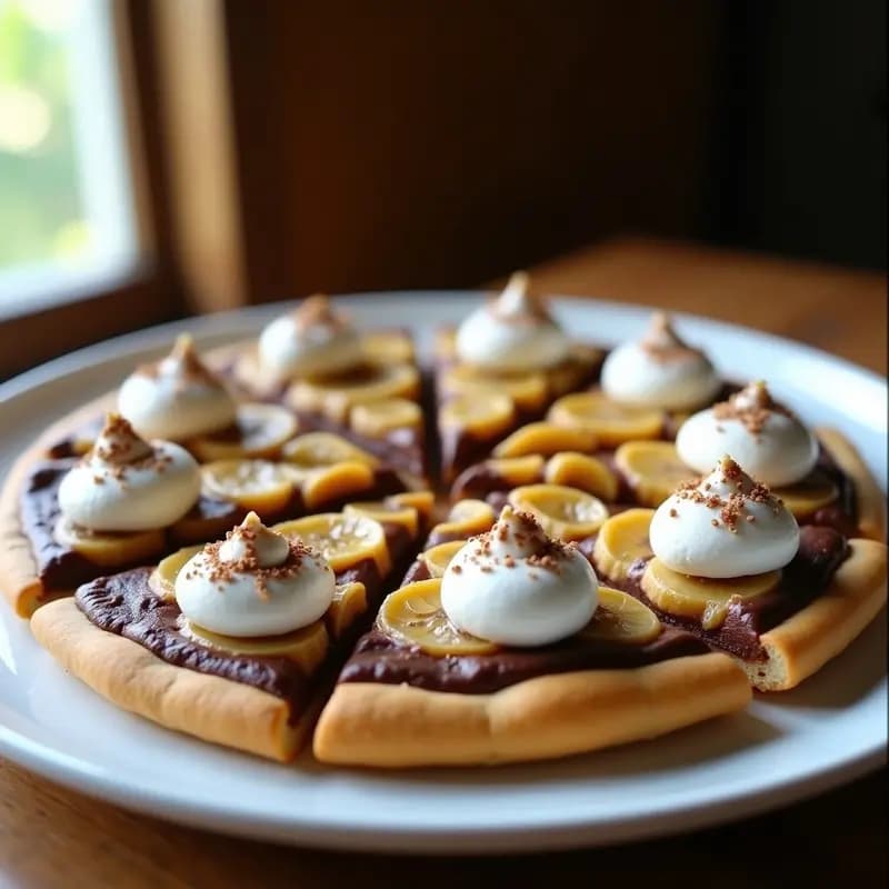 Pizza dulce con base dorada de galleta triturada, capa brillante de crema de avellanas, rodajas de plátano caramelizado y un manto espeso de nata montada blanca. Decorada con ralladura de chocolate negro sobre fondo rústico de madera.