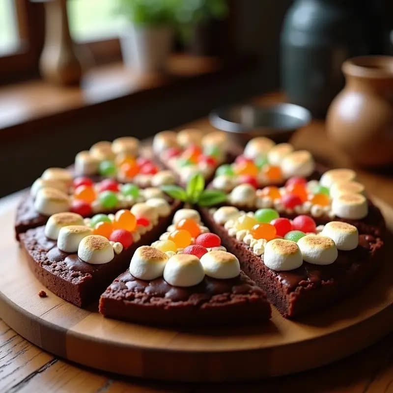 Pizza dulce con base de brownie oscuro, cubierta de crema de avellanas, gominolas de colores y marshmallows dorados, cortada en porciones sobre una tabla de madera.