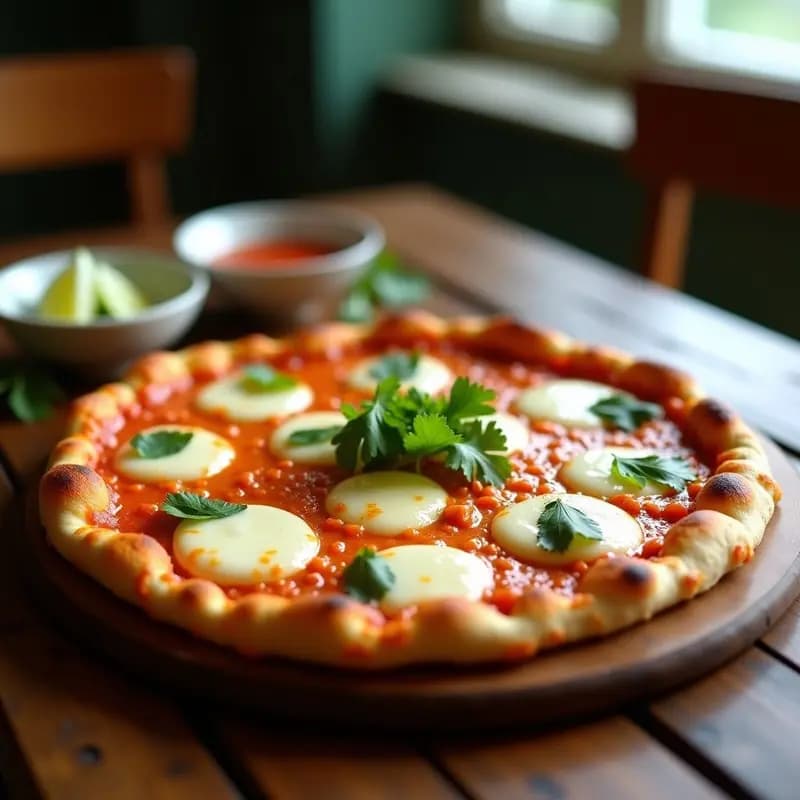 Pizza de masarepa dorada con bordes ligeramente crujientes, rellena de pollo desmechado en salsa criolla y queso mozzarella derretido, decorada con cilantro fresco. Receta colombiana rápida y tradicional.