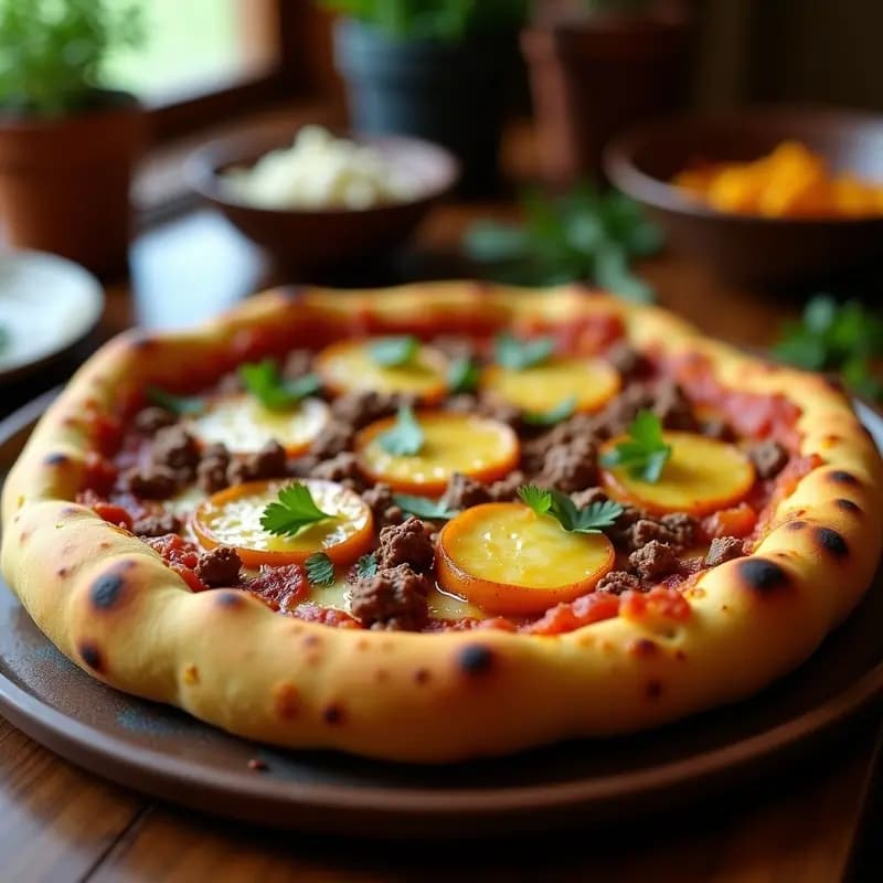 Pizza venezolana dulce-salada con base de masarepa dorada, cubierta de carne mechada, queso derretido y rodajas de plátano maduro caramelizado, servida en bandeja de horno.