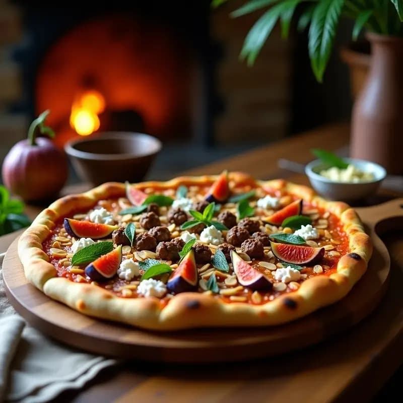 Pizza moruna argelina tradicional con base dorada y crujiente, cubierta de trozos de cordero especiado, higos caramelizados, cebolla morada, almendras fileteadas y queso de cabra, decorada con hojas de menta fresca y un hilo de miel de tomillo, horneada en horno de leña.
