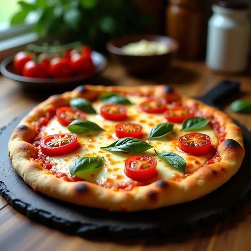 Pizza napolitana de masarepa con queso de búfala derretido, tomates cherry asados y hojas de albahaca fresca, sobre una piedra para horno rústica con bordes dorados y crujientes.