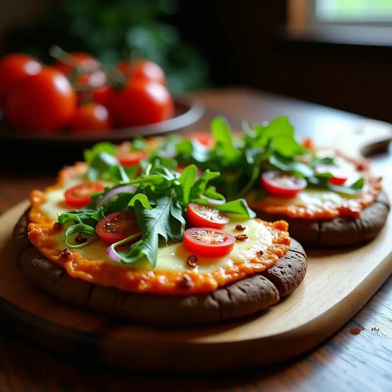 Pizza keto italiana con base de Portobello horneados, cubiertos de queso Parmesano derretido, queso de cabra, tomates cherry, rúcula fresca y nueces picadas, acompañada de vinagreta de mostaza.