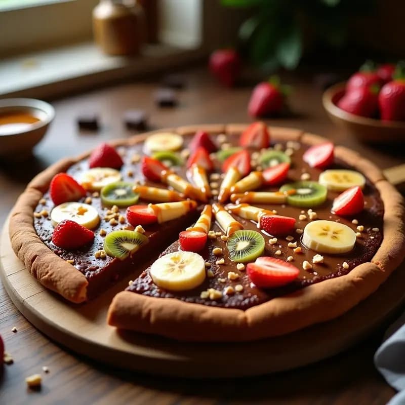 Pizza de postre redonda con base gruesa de brownie oscuro, cubierta de salsa de caramelo brillante, rodajas de plátano, fresas y kiwi, espolvoreada con virutas de chocolate y migas de galleta. Imagen apetecible y llena de texturas.