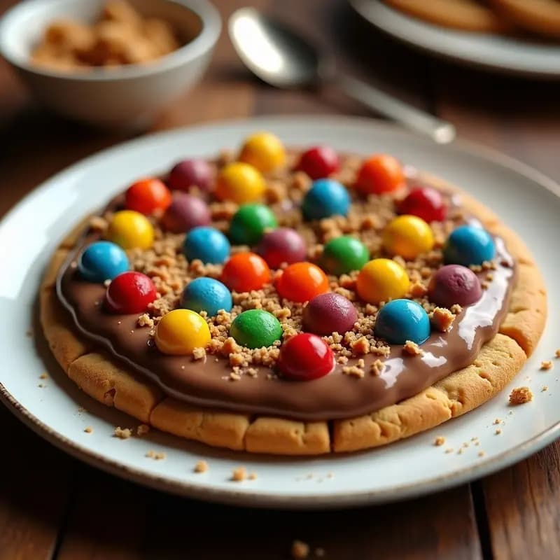 Pizza de postre redonda con base crujiente de galletas cookie, capa cremosa de crema de cacahuete, chocolate derretido brillante y gominolas de colores dispersas por encima, servida en bandeja blanca sobre fondo rústico.