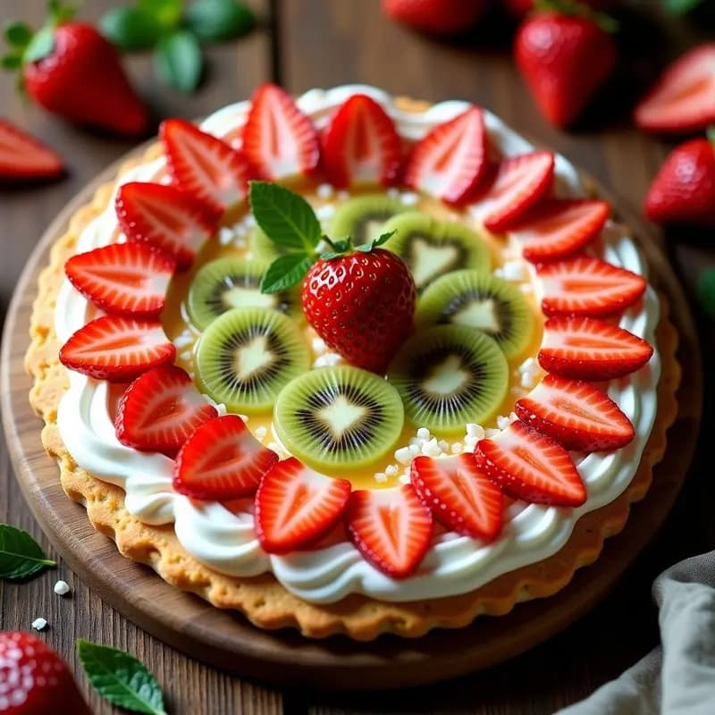 Pizza de postre redonda con base dorada de galleta triturada, cubierta de nata montada cremosa, fresas en láminas, rodajas de kiwi y virutas de chocolate blanco, brillante por el glaseado de mermelada de albaricoque.