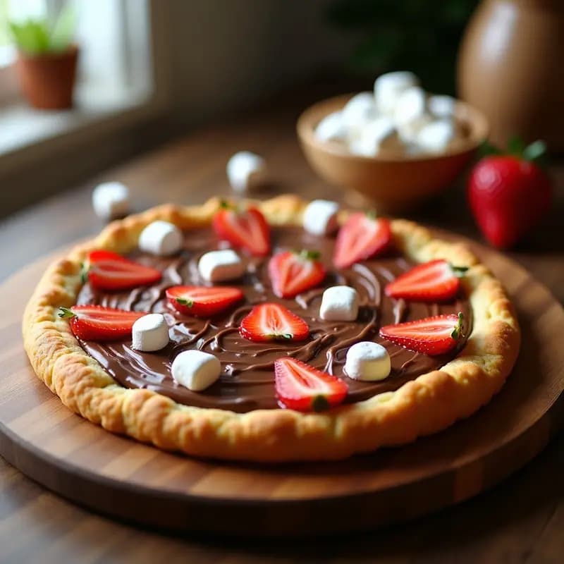 Pizza de postre redonda con base crujiente de galletas trituradas, capa generosa de Nutella cremosa, marshmallows tostados dorados y fresas frescas en rodajas sobre fondo rústico de madera.