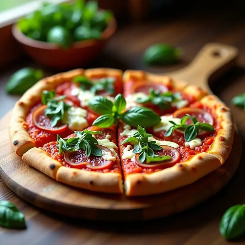 Pizza al taglio estilo romano crujiente con base dorada y burbujas, cubierta de salsa de tomate, mozzarella derretida, láminas de jamón crudo y rúcula fresca. Acabada con virutas de parmesano y un hilo de vinagre balsámico, servida en porciones rectangulares sobre una tabla de madera rústica.