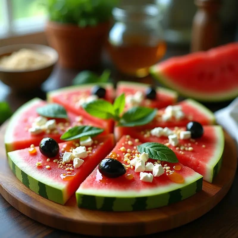 Pizza de watermelon con base de rodajas de sandía asada doradas, coronadas con queso feta desmenuzado, aceitunas kalamata, hojas de menta y semillas de sésamo. Bañada en reducción de miel y vinagre de Módena, con un hilo de aceite de oliva virgen extra y pimienta negra. Entrante veraniego dulce-salado sobre tabla de madera rústica con fondo desenfocado.
