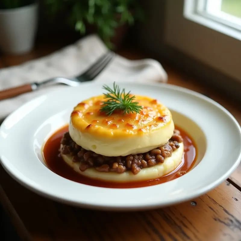 Plato de Plibella Ukrainiana de carne y puré de patatas, con capas doradas de puré cremoso y relleno de carne especiada, servido en fuente de barro rústica con queso gratinado en la superficie.