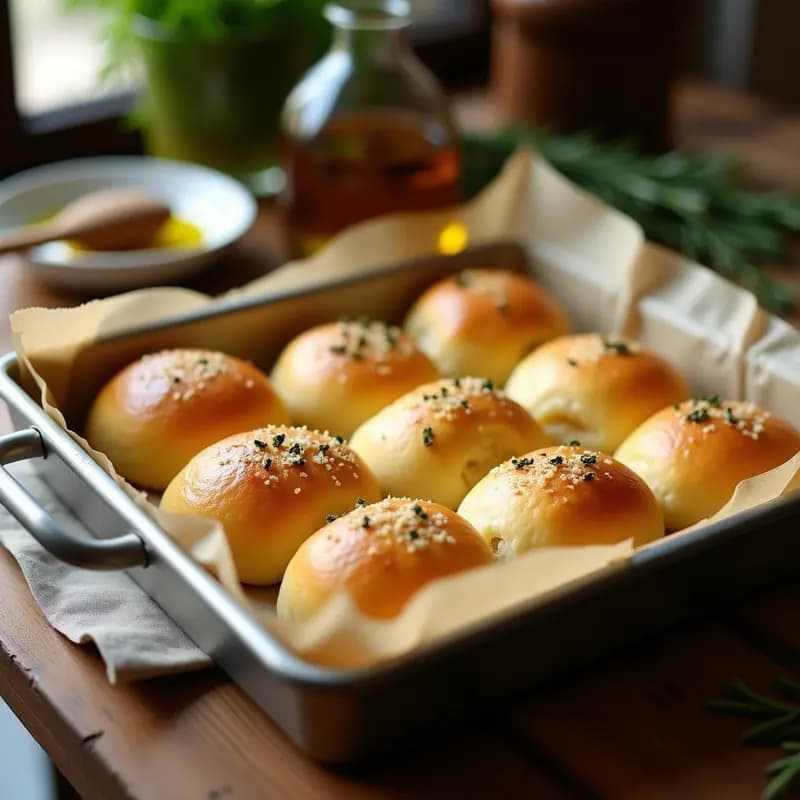 Bandeja de madera con Pão de Queijo dorados y esponjosos, espolvoreados con hierbas provenzales y queso Parmesano rallado, receta sin gluten y alta en proteína.