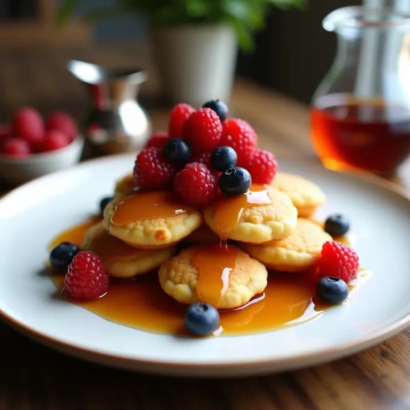 Plato blanco con pofferjes holandeses mini dorados, bañados en sirop de arce brillante y acompañados de frutos rojos frescos, receta de desayuno esponjoso.