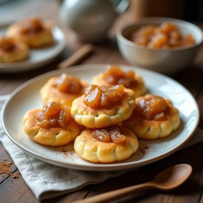 Plato blanco con poffertjes holandesas doradas y esponjosas, cubiertas con compota de manzana y canela, servidas sobre un mantel rústico con una cucharita de madera.