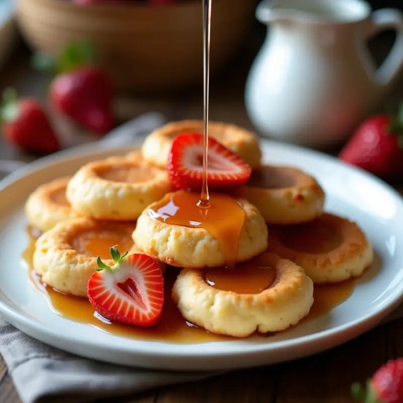 Plato blanco con poffertjes holandesas doradas y esponjosas, bañadas en sirope de arce brillante y acompañadas de fresas frescas en láminas, desayuno mini rápido y tradicional.