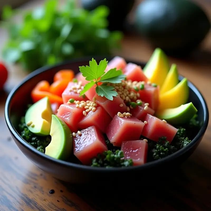 Poke de Atún Rojo con Aguacate y Salsa Ponzu servido en un bol negro de cerámica, con atún rojo en cubos, aguacate cremoso, cebolla morada, pepino en juliana, alga nori en tiras y semillas de sésamo espolvoreadas. Salsa ponzu dorada en un pequeño cuenco aparte.