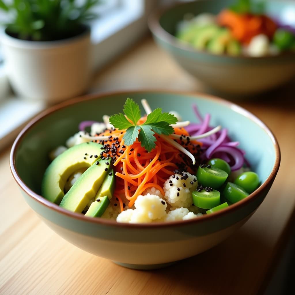 Poke Bowl vegano con base de coliflor arrocada, cubos de aguacate, juliana de pepino, zanahoria morada, edamame, brotes de soja y cebolla morada, decorado con algas nori, semillas de sésamo negro y cilantro fresco. Bañado con salsa ponzu brillante en un bol hondo de cerámica.
