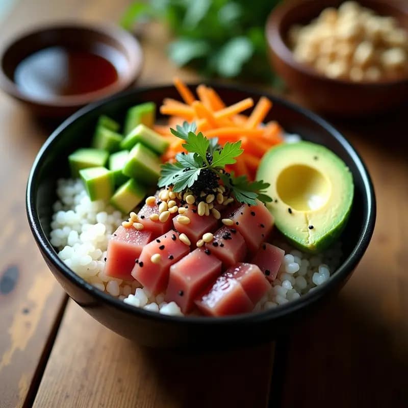 Poke Bowl Hawaiano de Atún servido en un bol de cerámica negra, con arroz blanco en la base, atún en cubos marinado en salsa de soja, aguacate en dados, cebolla morada, pimiento verde, cacahuetes tostados, semillas de sésamo negro y alga nori, decorado con cilantro fresco.