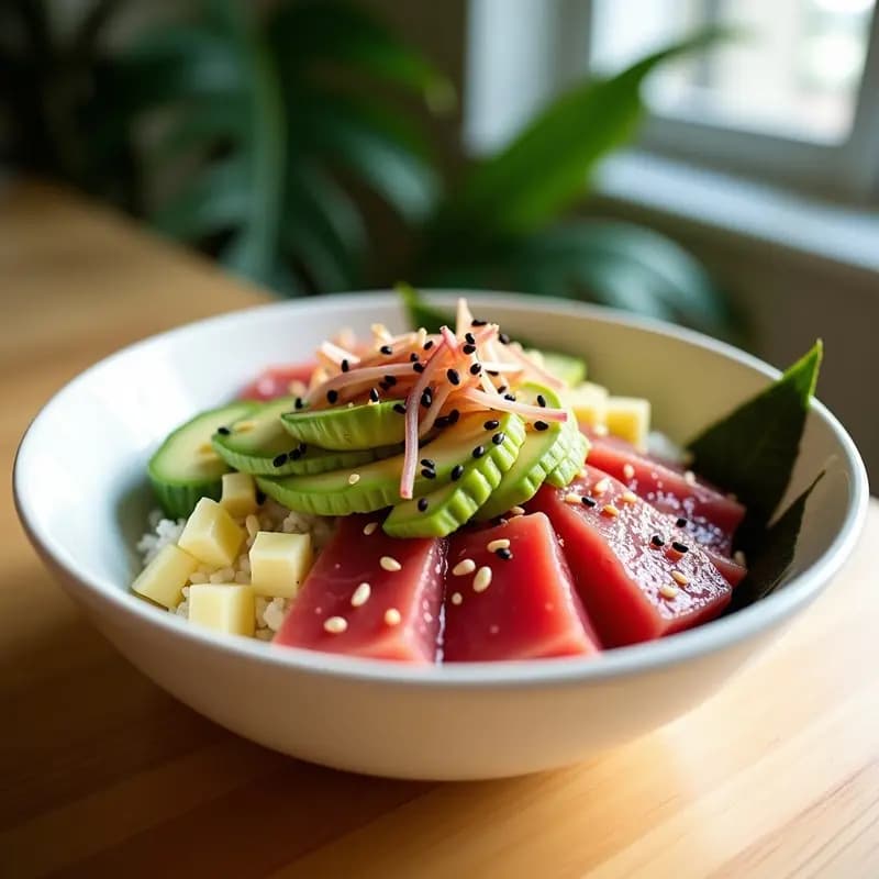 Poke Bowl Hawaiano con atún rojo en cubos sobre arroz de sushi, acompañado de aguacate, pepino, cebolla morada, algas nori y sésamo tostado. Plato colorido y fresco con salsa de sésamo brillante, ideal para una receta alta en Omega-3.