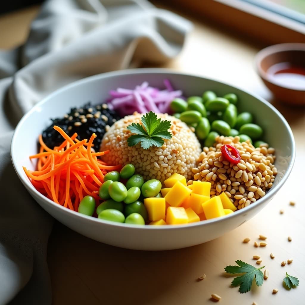 Poke Bowl tailandés vegano con arroz integral, mango verde en cubos, edamame, pimiento rojo, zanahoria rallada, brotes de soja, cacahuetes, semillas de sésamo y alga nori, bañado en vinagreta de limón yuzu. Plato colorido y fresco en bowl de cerámica blanca.