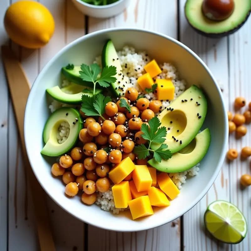 Poke Bowl Hawaiano con quinoa blanca, trozos de mango maduro, garbanzos tostados, pepino en juliana, aguacate en cubos y semillas de sésamo negro, decorado con hojas de cilantro fresco y rodajas de lima. Plato colorido y fresco sobre fondo de madera clara.