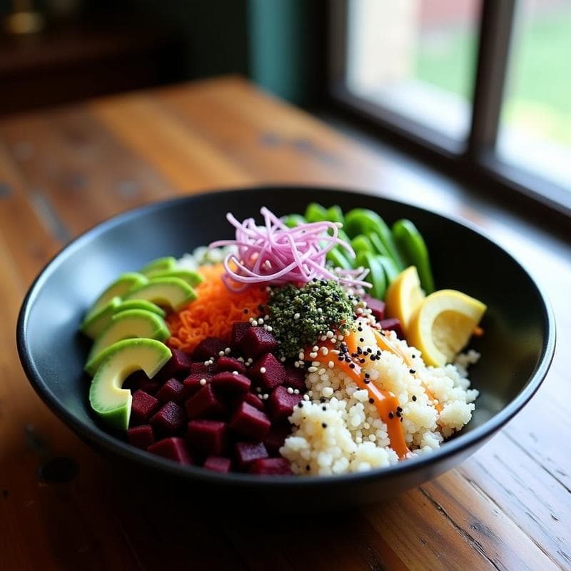 Poke bowl vegano colorido con quinoa blanca, cubos de remolacha roja, edamame verde, láminas de aguacate, zanahoria morada en juliana, cebolla morada y brotes de rábano. Decorado con semillas de sésamo negro y blanco, alga nori y vinagreta de tamari brillante. Plato servido en un bol negro con fondo de madera rústica.