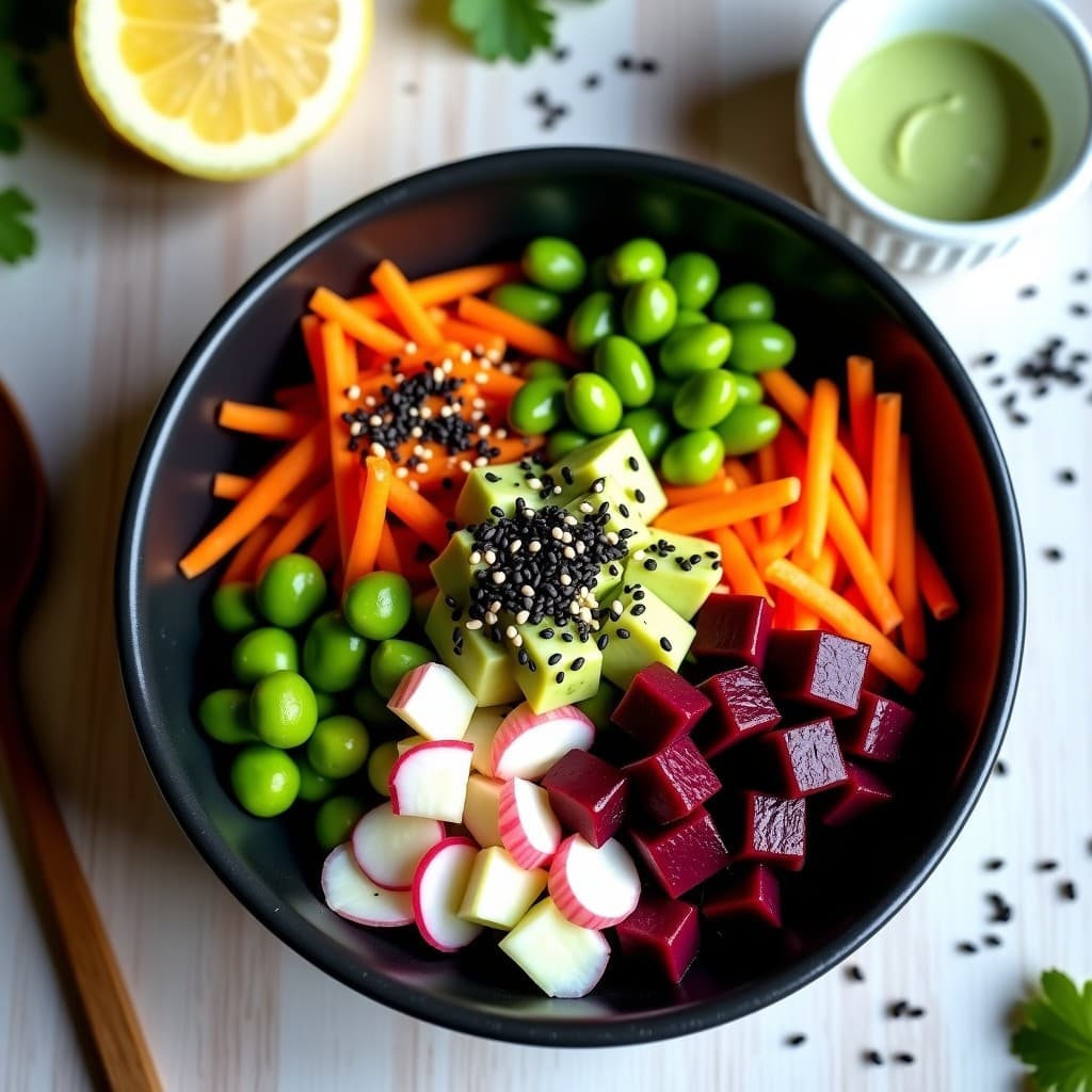 Poke Bowl vegano y crudivegano en bol negro de cerámica, con remolacha en cubos marinada, edamame, aguacate, zanahoria en juliana, pepino, rábanos y semillas de sésamo, acompañado de alioli de wasabi en recipiente aparte y algas nori. Plato colorido, fresco y lleno de texturas contrastantes.