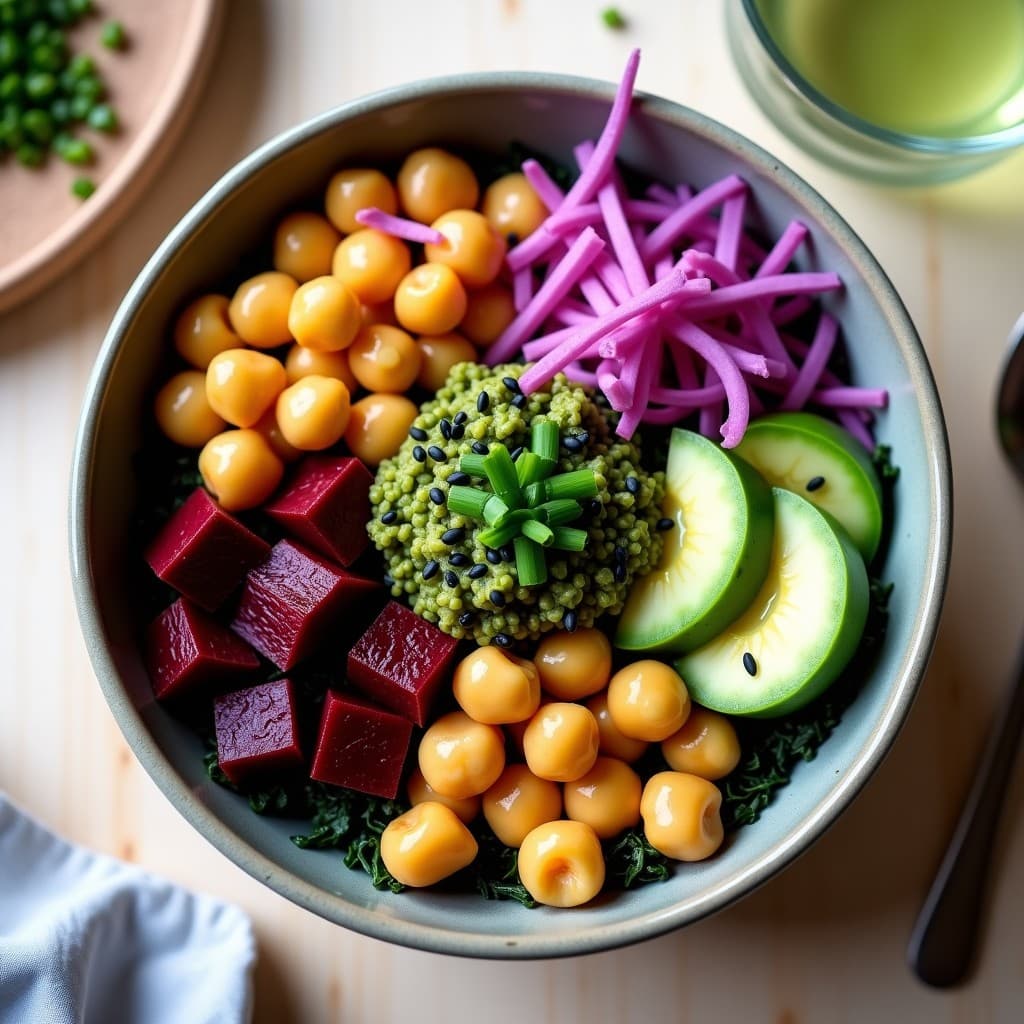 Poke Bowl vegano y sin cocción con remolacha marinada en cubos, garbanzos desmenuzados, aguacate, pepino y zanahoria morada dispuestos en secciones sobre un lecho de algas nori. Espolvoreado con semillas de sésamo negro y cebollino, con un aliño de wasabi brillante.