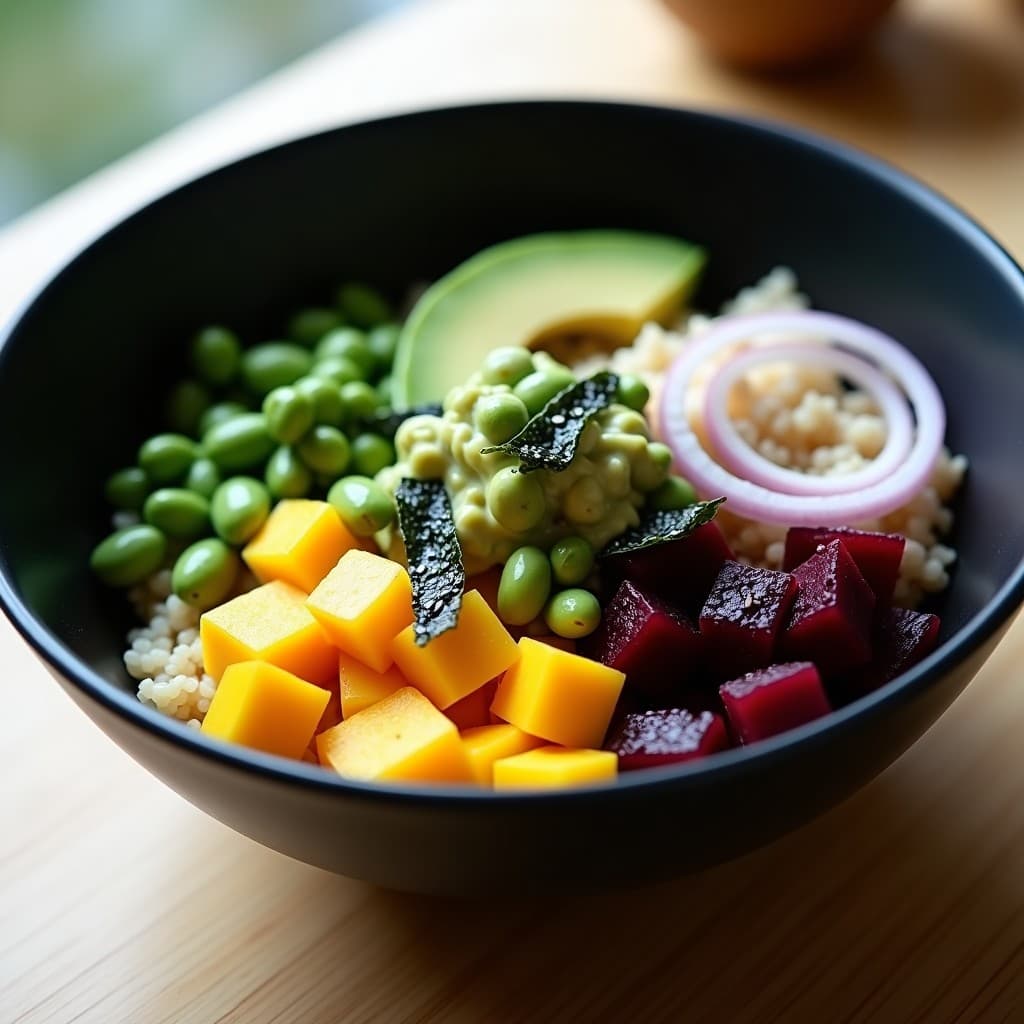 Poke Bowl de Remolacha y Quinoa: Receta Vegana con Aderezo de Wasabi y Mango