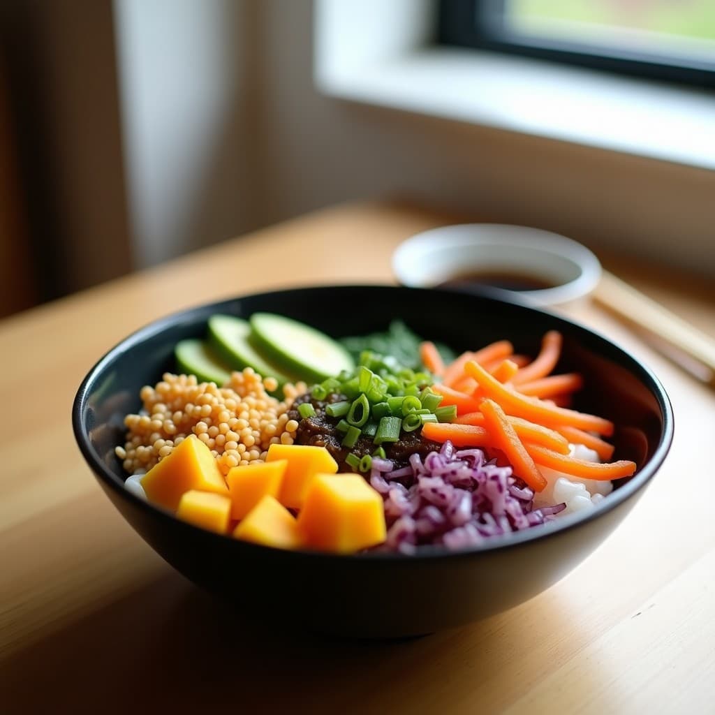 Poke bowl colorido en cuenco negro con arroz blanco en la base, salmón ahumado en cubos, mango amarillo en dados, aguacate en láminas, zanahoria morada y pepino en juliana, decorado con sésamo, algas nori y cebollino, con salsa de soja y jengibre al lado. Receta alta en omega-3.