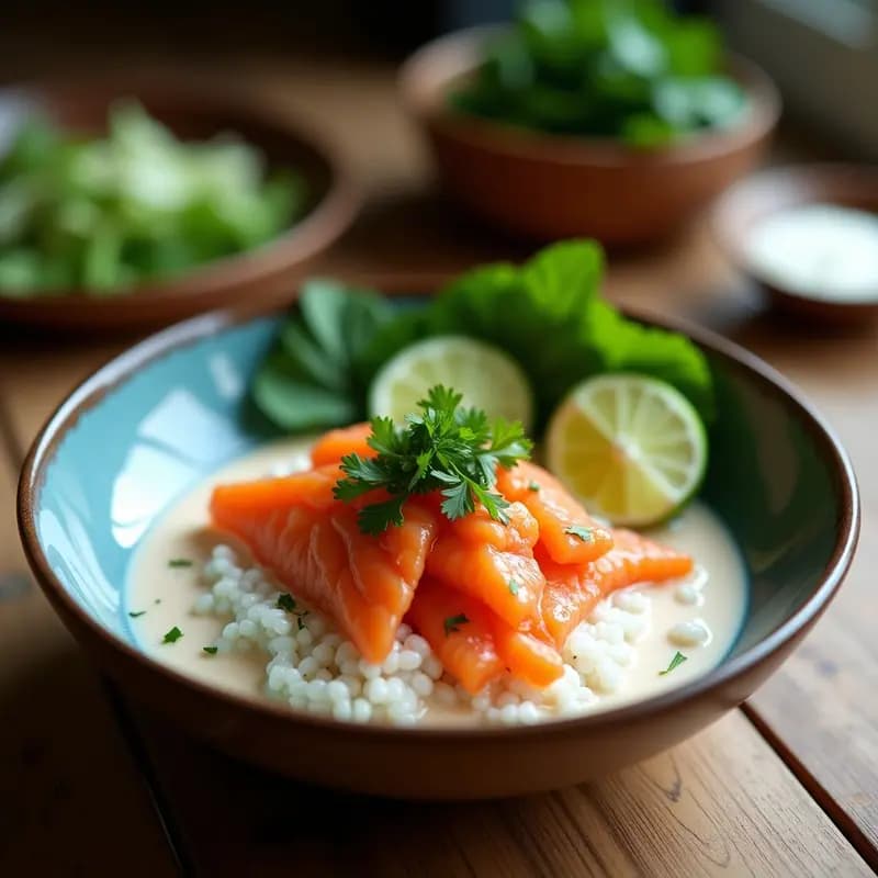 Poke Bowl tailandés de salmón marinado con leche de coco y cilantro, servido en un bol negro con base de brotes de soja, láminas de aguacate, pepino en juliana, algas nori y semillas de sésamo. El salmón brilla con una marinada cremosa y está decorado con cilantro fresco y cebollino.