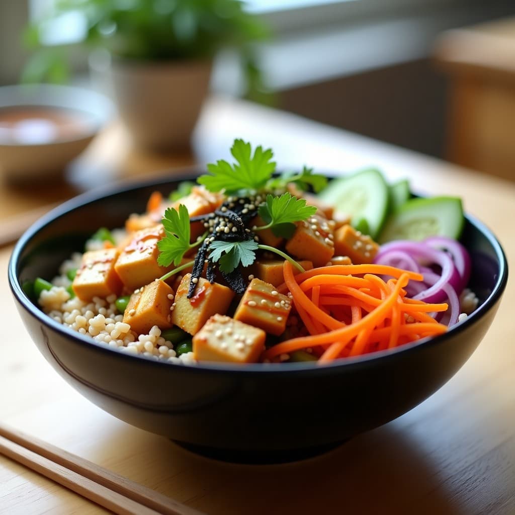 Poke bowl vegano con base de arroz basmati, tofu marinado dorado, edamame verde brillante, zanahoria morada en juliana, pepino y cebolla morada. Decorado con semillas de sésamo blanco, tiras de alga nori y bañado con vinagreta cremosa de sésamo negro.