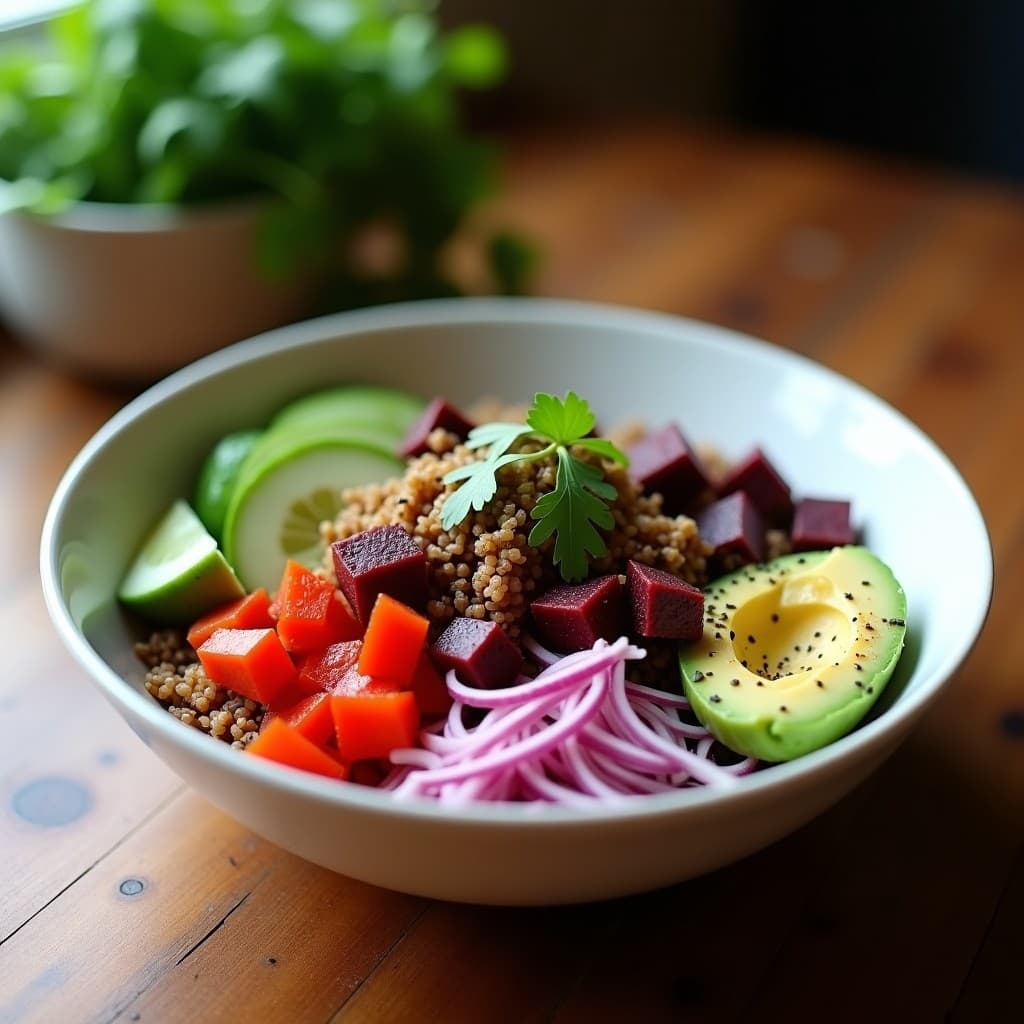 Bowl de poke vegano con remolacha ahumada en cubos dorados, tofu marinado dorado, aguacate en láminas, edamame, pepino en juliana y cebolla morada sobre una base de arroz de coliflor. Decorado con semillas de sésamo negro, algas nori y chile serrano, con un fondo rústico de madera.