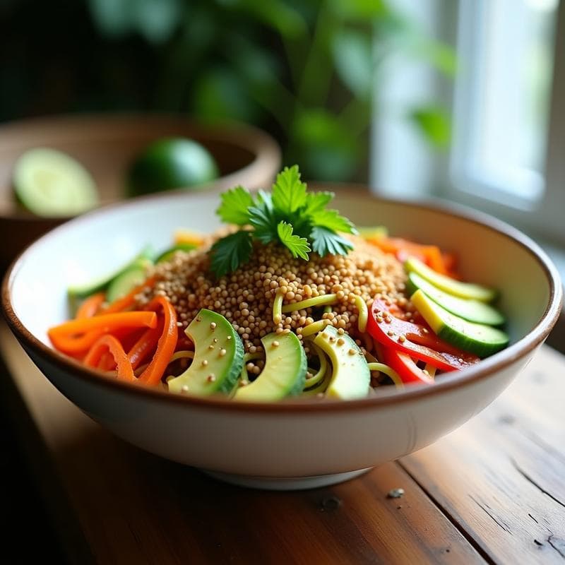 Bowl de poke de calabacín espiralizado con tiras de pimiento rojo, pepino, zanahoria y aguacate, cubierto con semillas de sésamo tostadas, algas nori y cilantro fresco. Aderezo brillante de sésamo y lima en primer plano, receta vegana keto y crujiente.