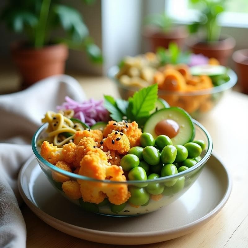 Poke vegano para tupper con coliflor asada dorada, edamame verde, aguacate en cubos, zanahoria rallada y pepino, bañado en vinagreta de sésamo y limón, decorado con semillas de sésamo y algas nori, servido en un bol blanco sobre fondo de madera rústica.