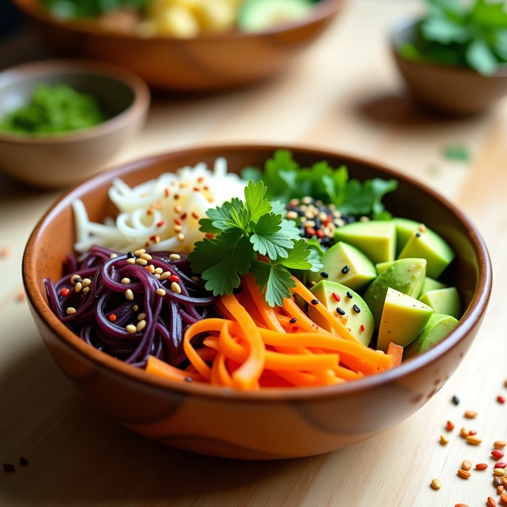 Poke vegano hawaiano en bol de madera con edamame verde, aguacate en cubos, pepino en juliana, zanahoria morada y vinagreta de yuzu, decorado con semillas de sésamo negro y blanco, algas wakame y copos de chile rojo.