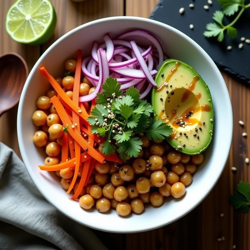 Bol hondo de cerámica blanca con poke de garbanzos dorados y crujientes, aguacate en cubos verdes, pepino persa en juliana, zanahoria morada en láminas y cebolla morada en plumas. Aderezo brillante de tamari y jengibre vertido por encima, espolvoreado con semillas de sésamo negro, algas nori en copos y cilantro fresco. Plato fresco y colorido, listo para llevar en un tupper.