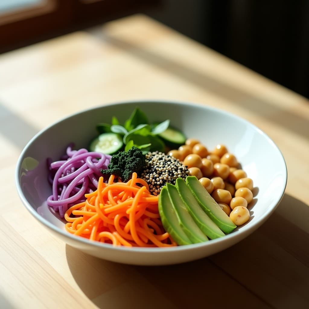 Poke vegano japonés en bowl de madera con garbanzos tostados dorados, aguacate en cubos, zanahoria en juliana, pepino y cebolla morada. Vinagreta de limón yuzu brillante y semillas de sésamo negro espolvoreadas. Decorado con hojas de shiso y algas nori. Plato fresco y colorido para llevar en tupper.