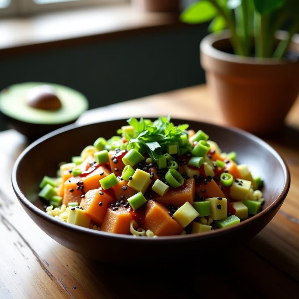 Poke vegano en bol hondo de cerámica blanca con capas de jackfruit desmenuzado marinado, cubos de aguacate verde, juliana de pepino y cebolla morada. Decorado con semillas de sésamo negras, tiras de alga nori y hojas de cilantro. Bañado en vinagreta de miso rojo brillante.